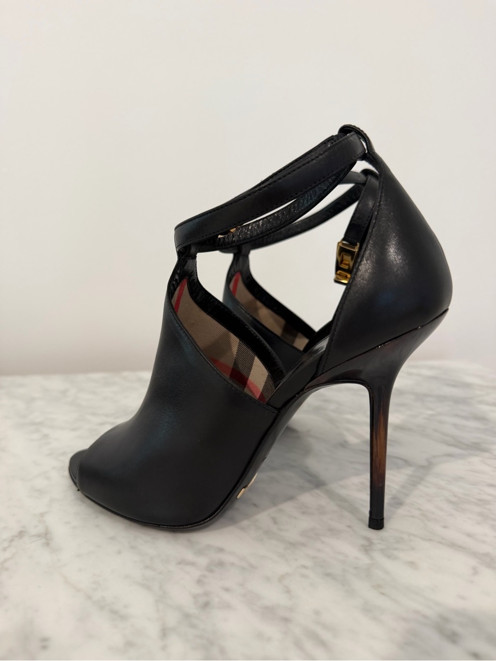 Burberry Black Peep-Toe High Heel Ankle Strap Pumps with Gold Accent 100 - Picture 2 of 8